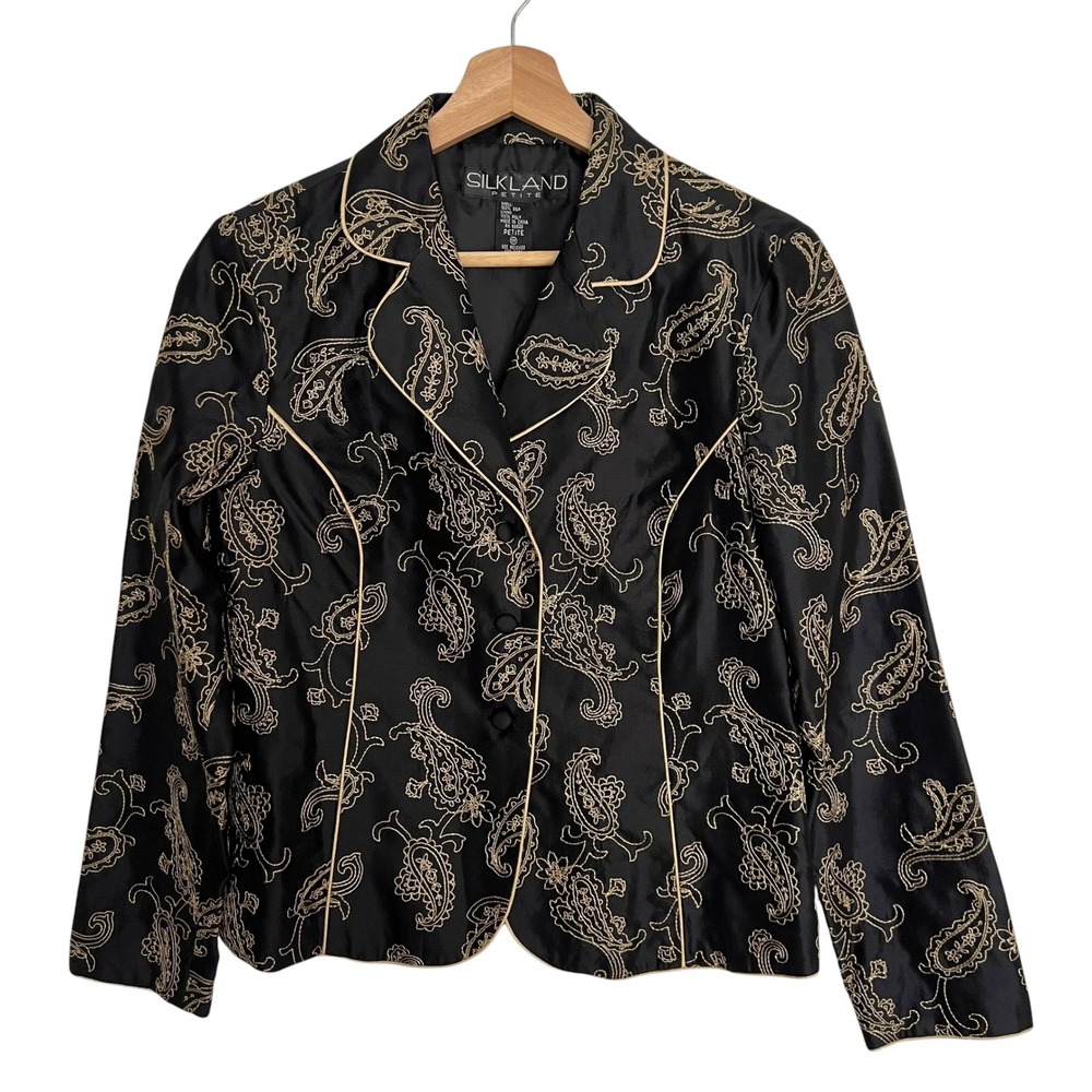 Vintage 90s Silkland Petite‎ 100% Silk Paisley Blazer Jacket Black Gold PM